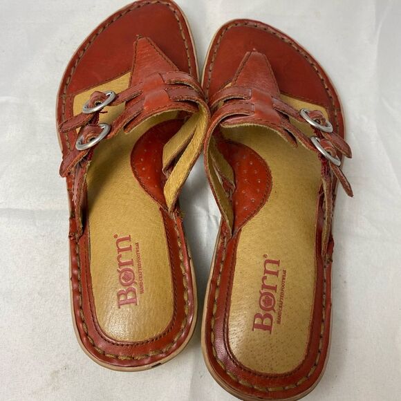 Born Dark Red leather sandals double strap thong flip flop 36.5M/6 - Picture 4 of 6